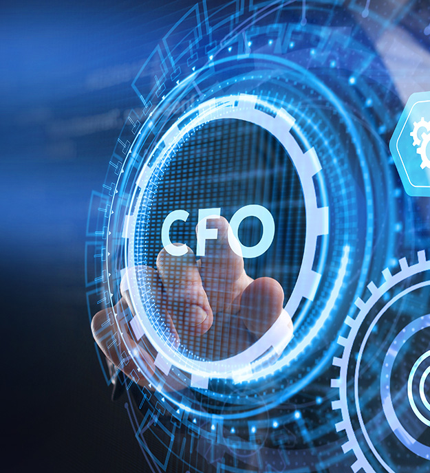 Hand reaching towards the words CFO in the virtual space representing remote CFO services