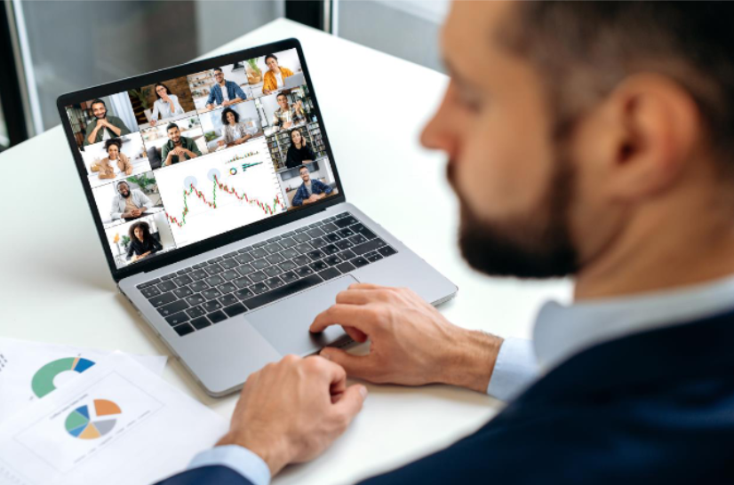 Virtual chief financial officer on call with an overstate or oversees client offering financial insights