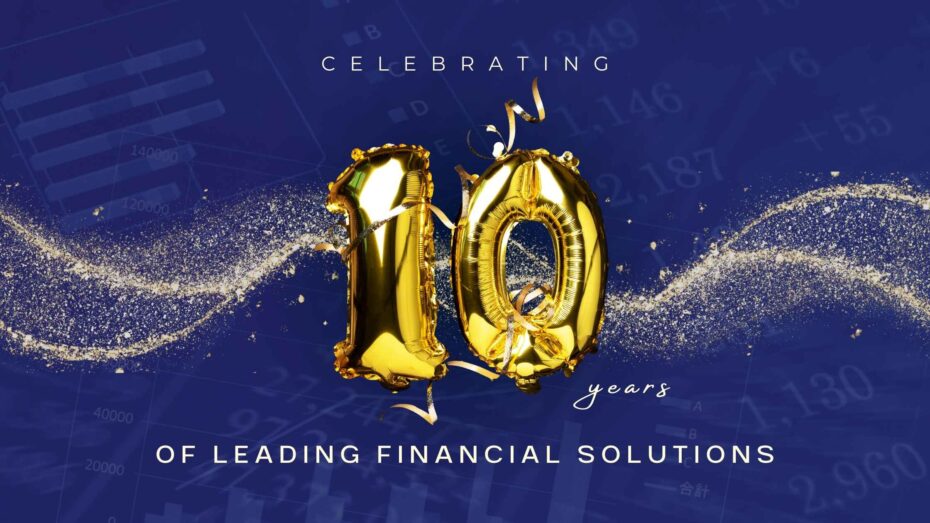 Celebratory graphic showing a golden ten balloon for ten years of financial experience in Australia.